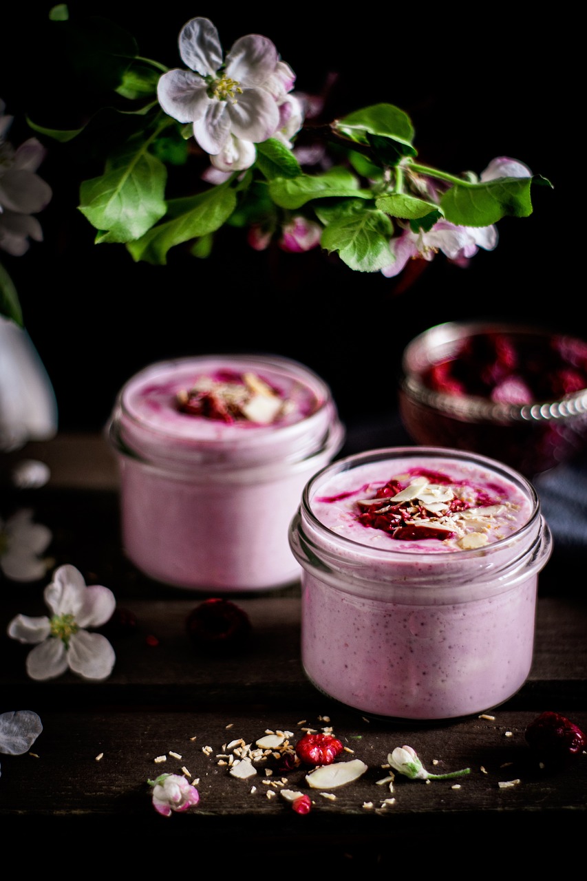 raspberries, yoghurt, food